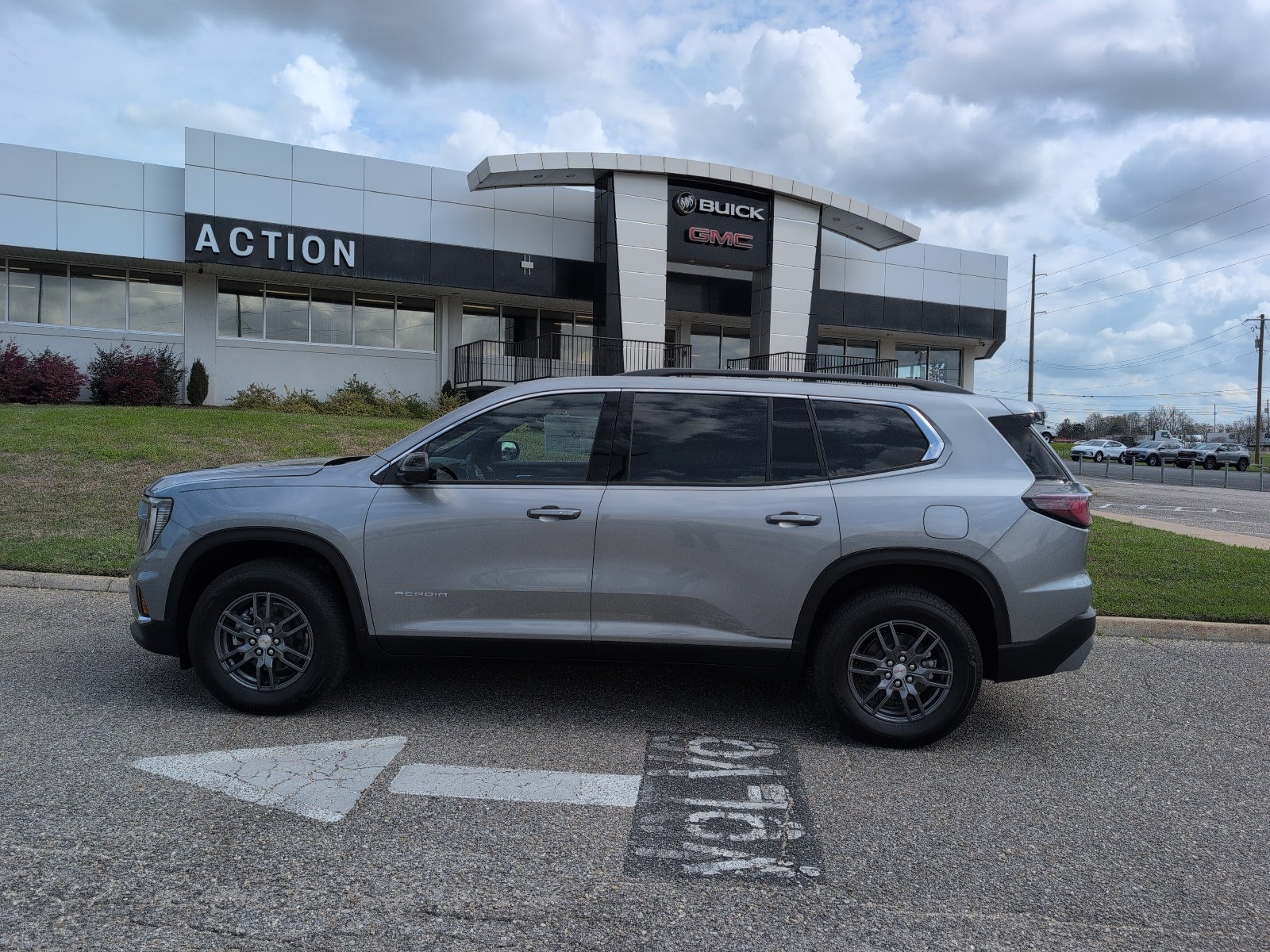2026 GMC Acadia Elevation in Sterling Metallic — front three-quarter view